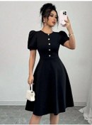 Resim Kadın Kısa Kollu Bisiklet Yaka Önden Düğmeli Ithal Krep Elbise Siyah 