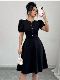 Resim Kadın Kısa Kollu Bisiklet Yaka Önden Düğmeli Ithal Krep Elbise Siyah 