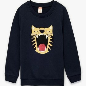 Resim Koton Erkek Bebek Pamuklu Uzun Kollu Bisiklet Yaka Kaplan Nakışlı Sweatshirt Lacivert 