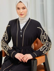 Resim İnci ve Kurdele Nakışı Detaylı Biyeli Abaya Ferace Siyah | 206761 - 40 / Siyah 