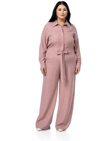 Resim Büyük Beden Beli Tünelli Ve Arkadan Lastikli Geniş Paça Pembe Tulum Pembe 