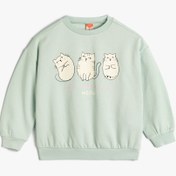 Resim Kız Bebek Sweatshirt Kedi Baskı Detaylı Uzun Kollu Bisiklet Yaka Şardonlu Pamuklu 