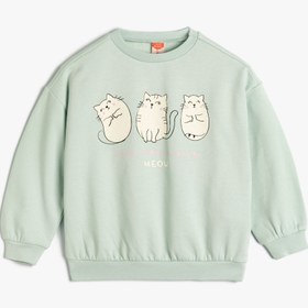 Resim Kız Bebek Sweatshirt Kedi Baskı Detaylı Uzun Kollu Bisiklet Yaka Şardonlu Pamuklu 