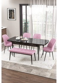 Resim Canisa Zen Serisi 80x132 Mdf Açılabilir Siyah Mermer Desen Masa Takımı 4 Pembe Sandalye Ve 1 Bench Masa Siyah Mermer Desen Sandalye Pembe 