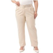 Resim Büyük Beden Önü Pileli Cepli Kemerli Bej Rengi Pantolon Bej 