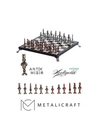 Resim Mc57 Antik Mısır Figürlü Metal Satranç Takımı - Mermer Desenli 25cm Tahta El Yapımı Taşlar 