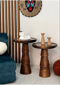 Resim ASELYA HOME Ahşap 2’li Set Mantar Yan Sehpa Modern Ceviz Renk Fiskos Zigon Çiçeklik 