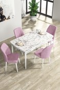 Resim Canisa Concept Rio Serisi 80x132 Açılabilir MDF Mutfak Masası Takımı Beyaz Mermer Desen Masa 4 Pembe Sandalye 