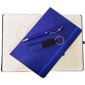 Resim Mavi Deri Defter, Anahtarlık Ve Tükenmez Kalem Seti 