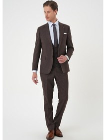 Resim Slim Fit Çift Yırtmaç Keten Karışımlı Yelekli Klasik Kahve Takım Elbise Tk 914 Kahverengi 