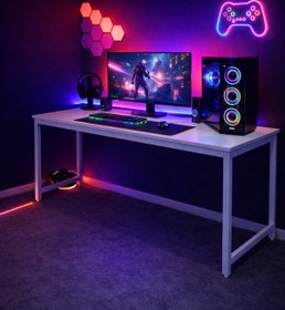 Resim Flinder Beyaz Oyuncu Masası 60x140 Cm, Beyaz Renk Bilgisayar Masası, Gamer Masası, Gaming Masa 