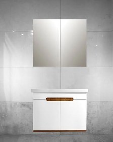 Resim Genel Hilton Banyo Dolabı, Modern Beyaz Ahşap Detaylı Çift Kapaklı Banyo Dolapları, Aynalı Üst Kabin, Depolama Çözümü 
