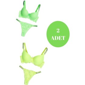 Resim Tılsım Lingerie Murays Kadın 2 Li Taşlı Neon Sütyen Takım Sarı - Yeşil 