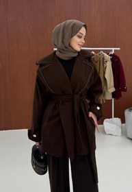 Resim Kahverengi Yakası Boncuklu Nakışlı Gold Kaşe - 38 / Kahverengi 