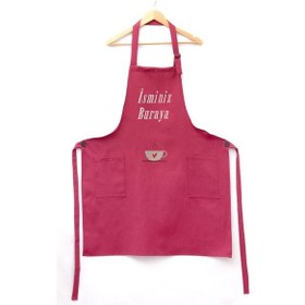 Resim Mutfak Önlüğü Kişiye Ve İsme Özel Nakışlı Mutfak Önlüğü Kalpli Kupa Farklı Renkler Bordo 