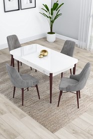 Resim Canisa Kar Serisi Beyaz Ceviz Ayaklı 80x132 Açılabilir Mdf Mtfak Masası Takımı 4 Gri Sandalye 