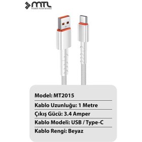 Resim 3.4a Usb To Type-c Hızlı Şarj Ve Data Kablosu Hasır 1 Metre Beyaz Mt2015 