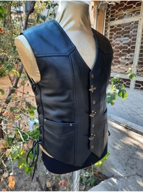 Resim ArdaStilDeri Hakiki Deri Çengel Düğmeli Motorcu Deri Yelek. 