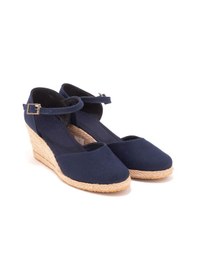 Resim Star Tombis Gerçek Elişi Bilekten Bantlı Topuğu Açık Keten Espadril Dolgu Topuk Handmade Lacivert 