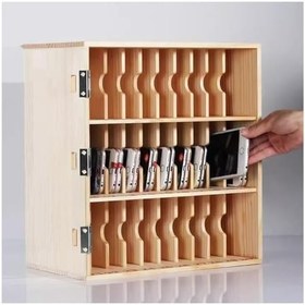 Resim Doğal Ahşap Cep Telefonu Soyunma Kutusu - Konferans Odası Telefon Yönetimi için Kilitli Duvara Monte Depolama Dolabı 309x190x639mm Güvenli Mobil Cihaz 