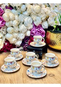 Resim Mien Flower 90 Ml Porselen Türk Kahvesi Fincanı Takımı 6 Kişilik Desenli Kahve Fincan Seti Beyaz 