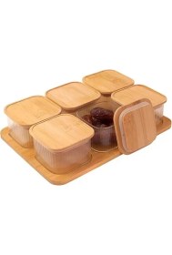 Resim AyrStore 6'lı Bambu Kapaklı Cam Kahvaltılık ve Kuruyemişlik, 13 Parça Tepsili Çerezlik Seti, Vakumlu 