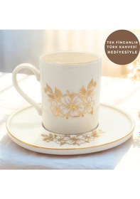 Resim Altın Yaldızlı Çiçek Buketi Desenli 6 Kişilik Porselen Fincan Takımı Altın 