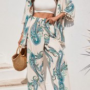 Resim Kadınların Zarif Puhu Baskılı Kimono Üst ve Bol Pantolon Seti - Polyester Karışımı, Bahar/Yaz Rahat Kıyafeti, Hafif ve Rahat, Rahat Kıyafet|Puhu Baskılı Üst|Polyester Karışımı 