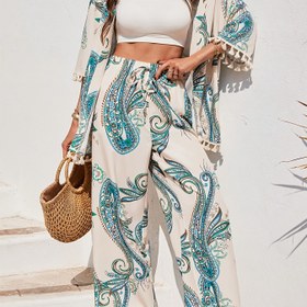 Resim Kadınların Zarif Puhu Baskılı Kimono Üst ve Bol Pantolon Seti - Polyester Karışımı, Bahar/Yaz Rahat Kıyafeti, Hafif ve Rahat, Rahat Kıyafet|Puhu Baskılı Üst|Polyester Karışımı 