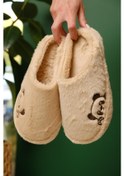 Resim Panda Nakışlı Kadın Ev Terliği Peluş Terlik Çeyiz Ve Bohça Terliği Ses Yapmaz Kalın Taban Camel 