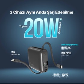 Resim Ttec Recharger Mini LCD 10.000 mAh PD 20W USB-C Ve Lightning Dahili Kablolu Taşınabilir Hızlı Şarj 