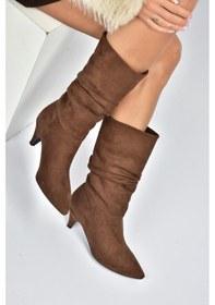 Resim Fox Shoes L404810602 Kahverengi Süet Kısa Topuklu Büzgülü Kadın Bot Kahverengi-süet 