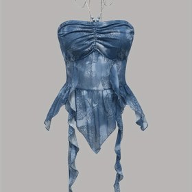 Resim Kadınlar İçin Ayarlanabilir Halter Boyunlu Kolsuz Üst - Ön ve Yan Bağlamalı, Mavi Çiçek Desenli, Orta Esneklikte, Makinede Yıkanabilir, Her Mevsim Şık Gömlek, Bayan Tişörtler ve Üstler 