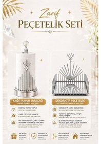 Resim 2li Gold Metal Aynalı Çiçek Model Lüks Kare Peçetelik Ve Gold Metal Çiçek Model Lüks Havlu Peçetelik Altın 