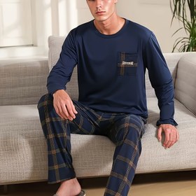Resim Erkekler için Rahat Pijama Takımı - Uzun Kollu Ekose Pantolon, Yuvarlak Yaka Kazak - Mükemmel Seçim, Tüm Mevsimler Pijamaları|Rahat Stil|Esnek Kumaş 