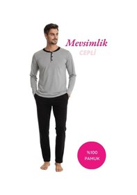 Resim Erkek 3 Düğmeli %100 Pamuk Mevsimlik Uzun Kol Cepli Pijama Takımı Açık Gri 