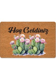 Resim Renkli Kaktüsler Temalı Coco Görünümlü Dekoratif Kapı Önü Ve Iç Mekan Paspası Yıkanabilir Nem Alıcı Bej 