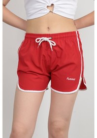 Resim Kadın Deniz Şortu İp Bağlama Hafif Lastikli Bel Kısa Kesim Kırmızı - 5402 Kırmızı 