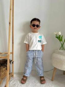 Resim Cg Kids Ince Keten Çizgili Üst Pamuklu Sırt Baskı Detaylı Mükemme Mavi - Beyaz 