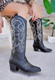 Resim bakacstore Western kadın Siyah Deri Beyaz Nakışlı Fermuarlı Uzun Kovboy Çizme 