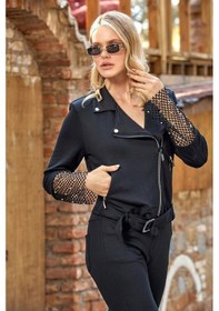 Resim Cossy By Aqua 24215 Kadın Uzun Kollu File Ve Taş Baskı Detaylı Eşofman Takımı-siyah Siyah 