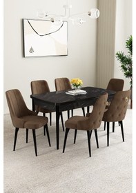Resim Mabel Siyah Mermer Desen 80x132 Açılabilir Yemek Odası Takımı 6 Adet Sandalye Kahverengi 
