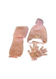 Resim Kitti 4-8 Yaş Kız Çocuk Atkı Bere Eldiven İçi Polarlı 3'lü Takım 24170-02 Pudra 
