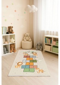 Resim Sevimli Dostlar Seksek Çocuk Odası Halısı Bej 