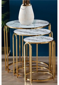 Resim Lenka Zigon Sehpa Takımı Yuvarlak 3'lü Gold Metal - Beyaz Mermer Cam Sedaş-lenka-zigon-gold Beyaz - Siyah 