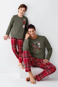 Resim Arnetta Erkek Çocuk Aile %100 Pamuk 4 Mevsim New Year Uzun Kollu Pijama Takım Yeşil 