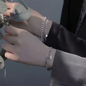 Resim 2 Adet Titanyum Çelik Kalp Zincir Bileklik Çiftler İçin - Günlük ve Parti Hediyeleri İçin Rahat Stil Kaplamasız, Manyetik Olmayan Moda Hip-Hop Takı 