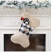 Resim Noel Evcil Hayvan Çorapları Asma Süsler Kedi Köpek Ekose Yay Kemik Püsküller Hediye Yeniden Kullanılabilir Çanta 