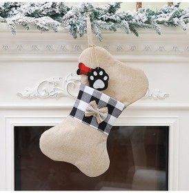 Resim Noel Evcil Hayvan Çorapları Asma Süsler Kedi Köpek Ekose Yay Kemik Püsküller Hediye Yeniden Kullanılabilir Çanta 
