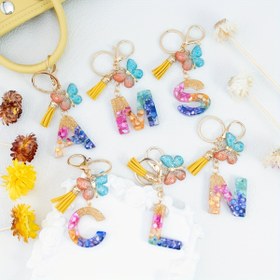 Resim Altın Folyo Harfler ve Çok Renkli Sim Taşlı Tek Reçine Kelebek Püskül Anahtarlık - 26 Büyük Harf Süsleri, Çanta ve Sırt Çantası için Istakoz Kilit, Mezuniyet Hediyeleri - Kadın Moda Aksesuarları, Anahtar Tutucu, Zarif Süs Eşyası, Parlayan Süslemeler 